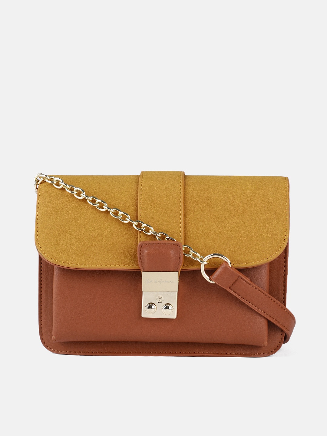

Mast & Harbour Yellow & Tan Brown Colourblocked Sling Bag