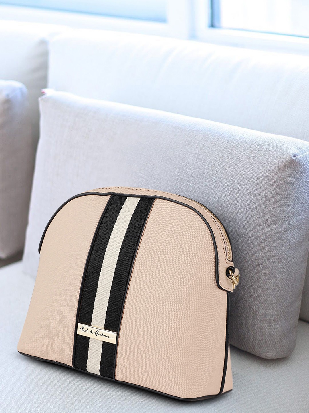 

Mast & Harbour Pink & Black Striped Sling Bag