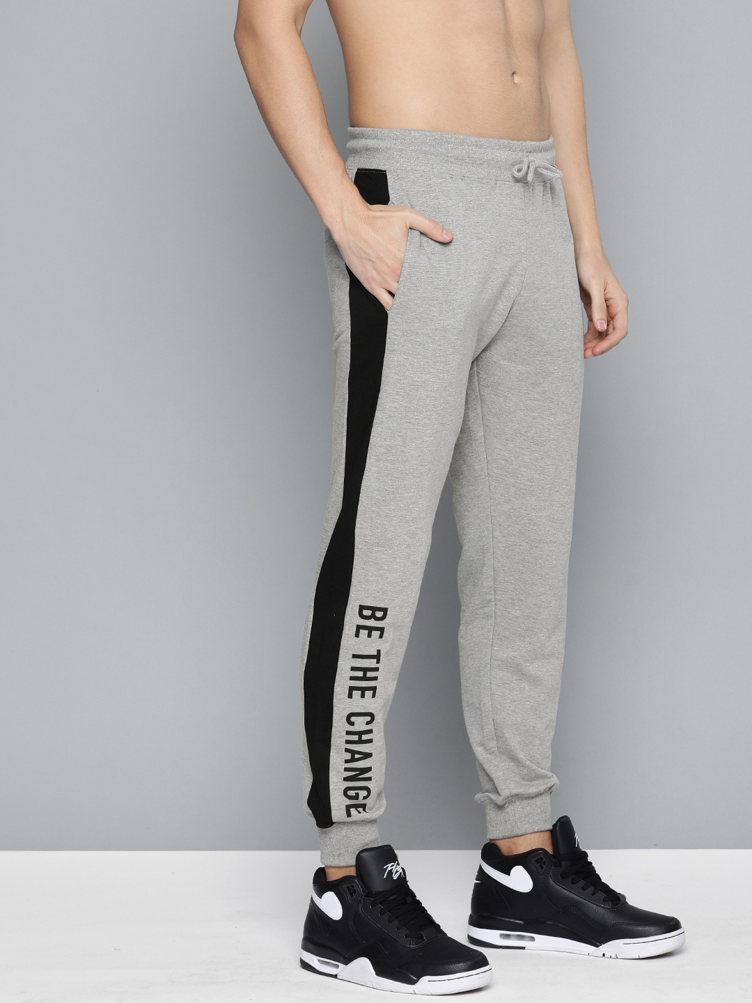 

HERE&NOW Men Grey Melange Solid Joggers With Side Stripe