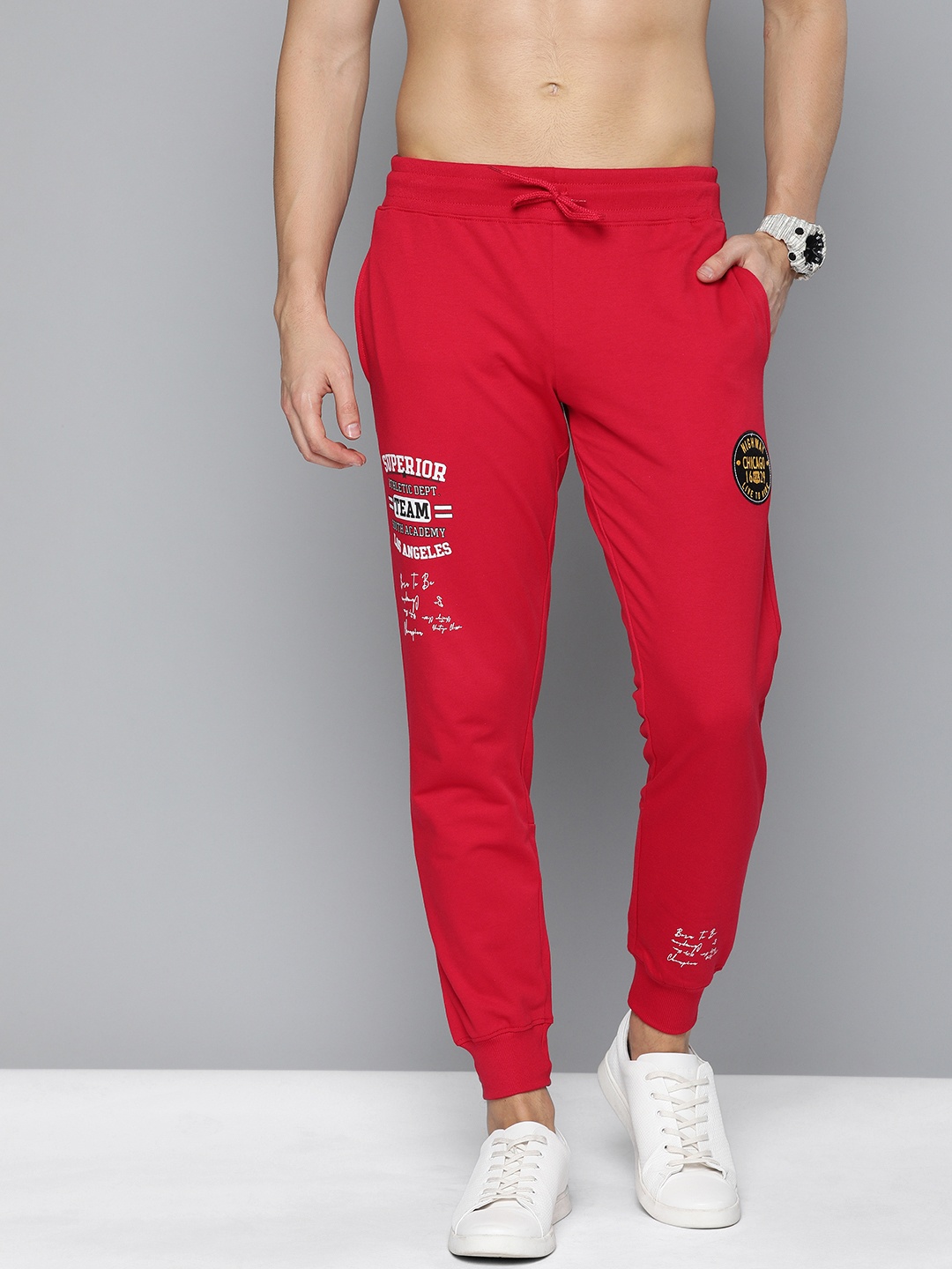 

HERE&NOW Men Red Solid Straight Fit Joggers With Printed Detail
