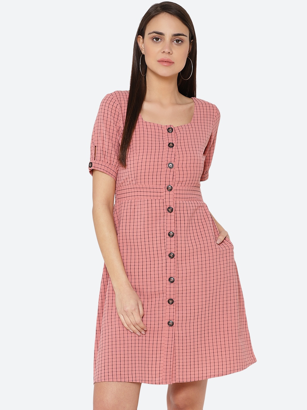 

Carlton London Women Pink & Black Checked A-Line Dress