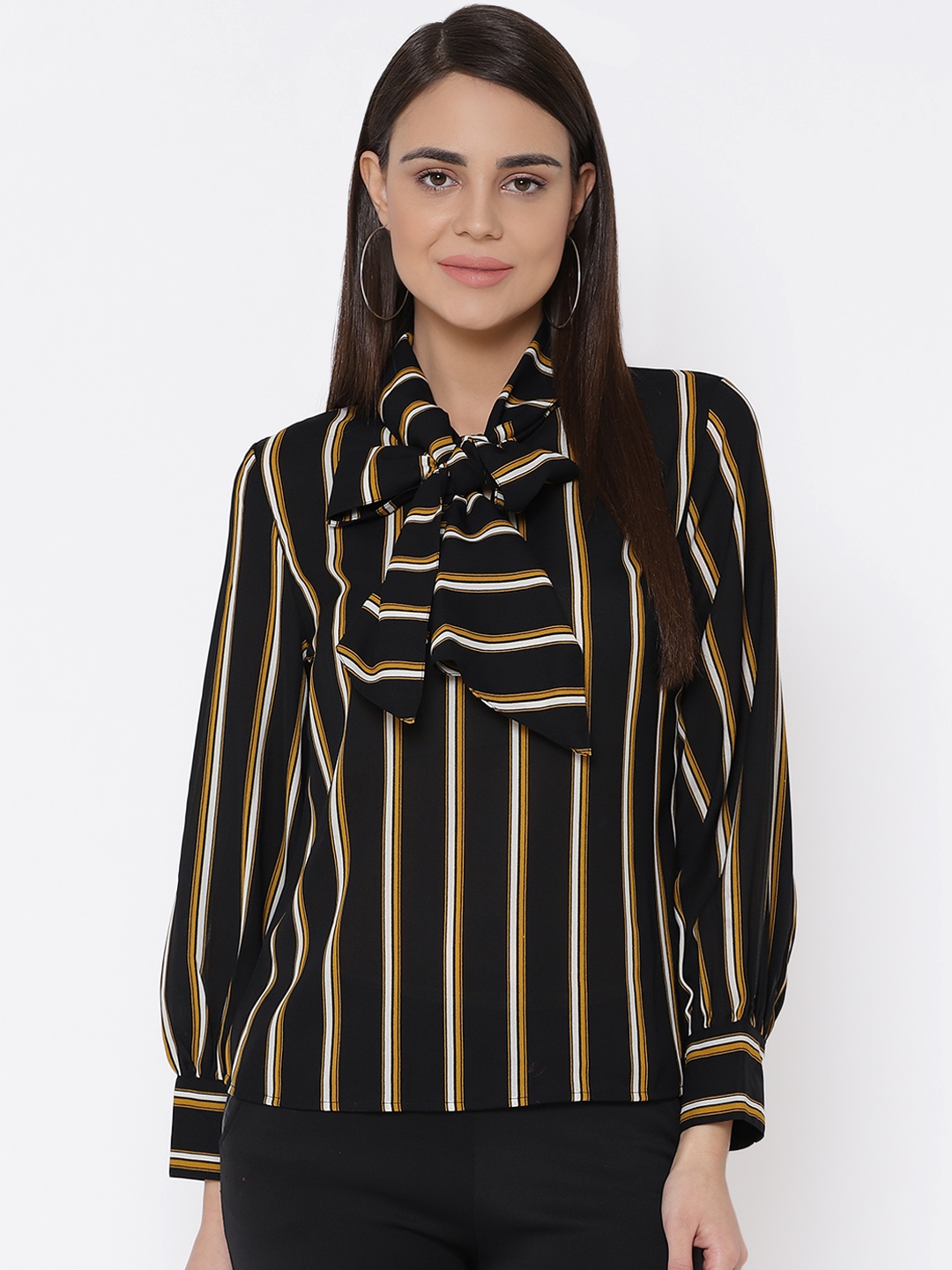 

Carlton London Women Black & Mustard Yellow Striped Top
