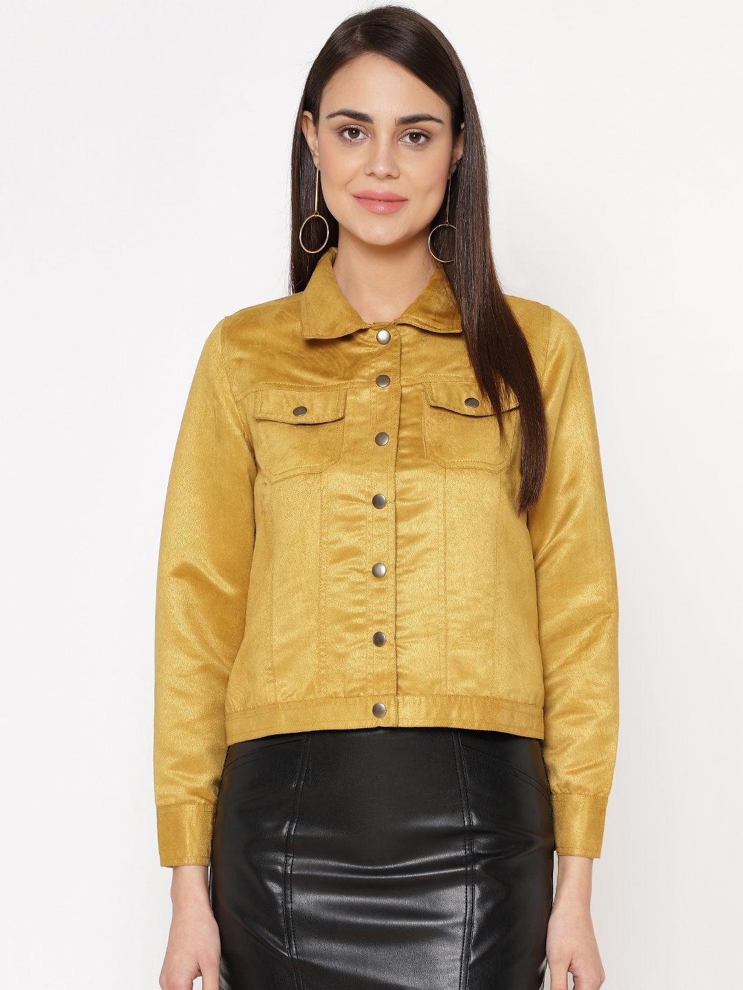 

Carlton London Women Mustard Yellow Solid Tailored Jacket With Suede Finish