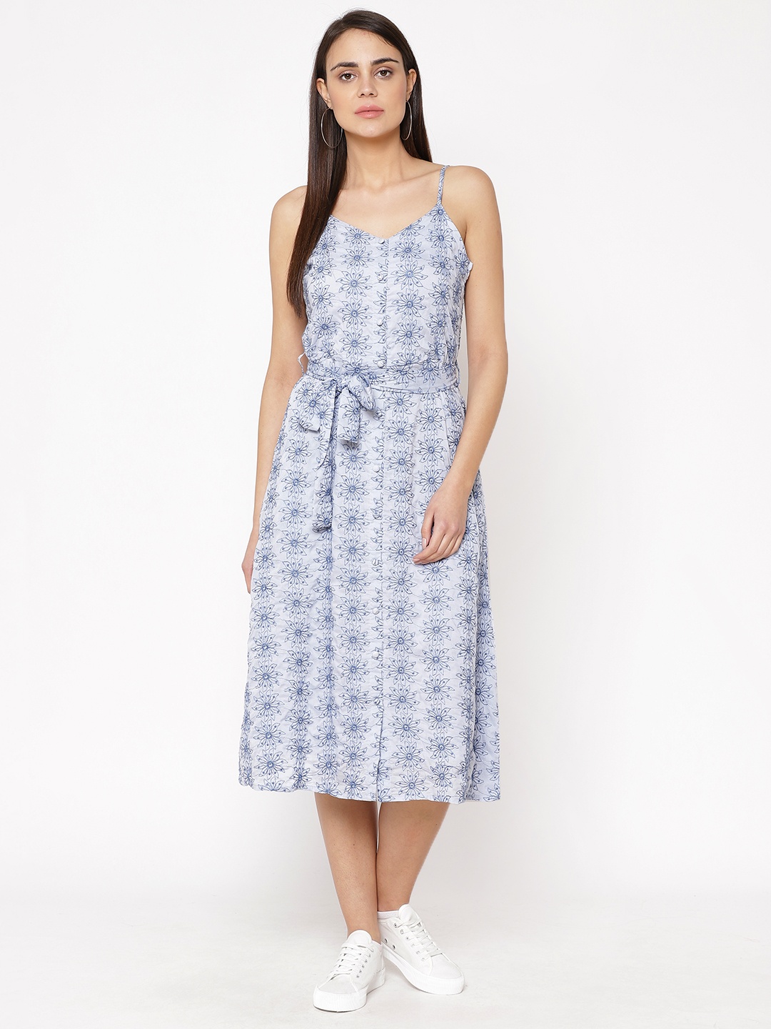 

Carlton London Women Blue Embroidered A-Line Dress With Belt