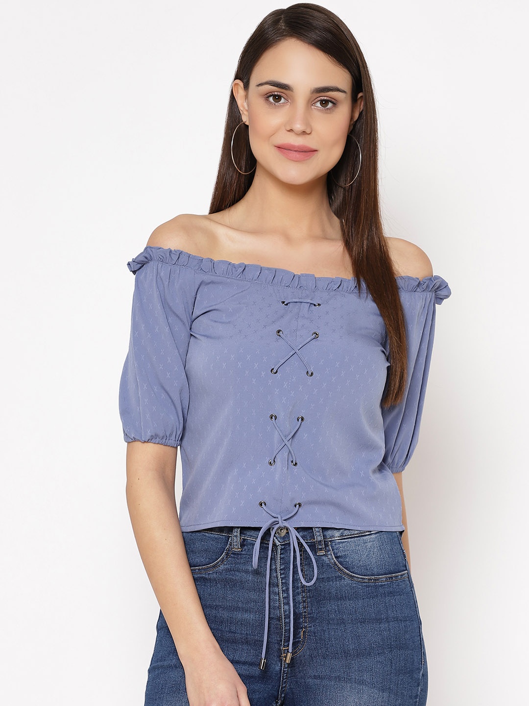 

Carlton London Women Blue Self Design Bardot Top