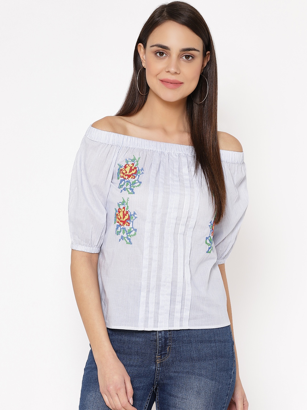 

Carlton London Women Blue & White Striped Bardot Top