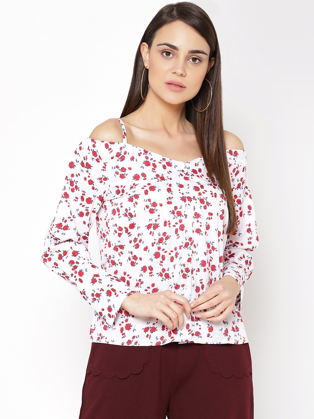 

Carlton London White & Red Floral Print Crepe Bardot Top