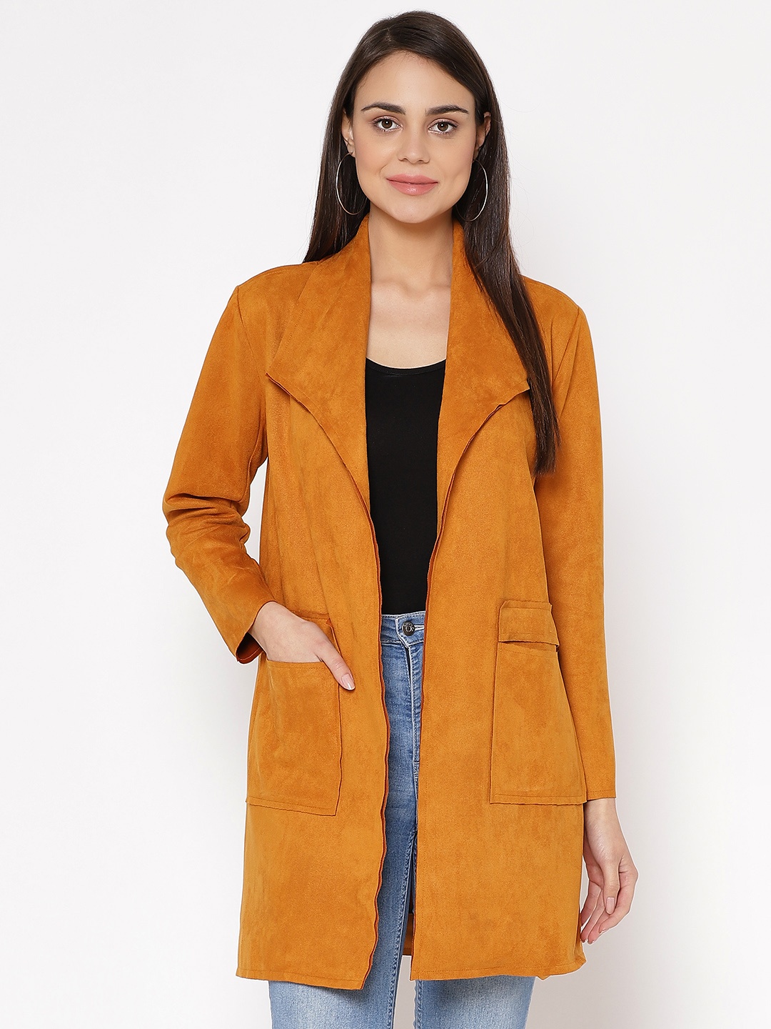 

Carlton London Women Mustard Yellow Suede Solid Open Front Longline Jacket
