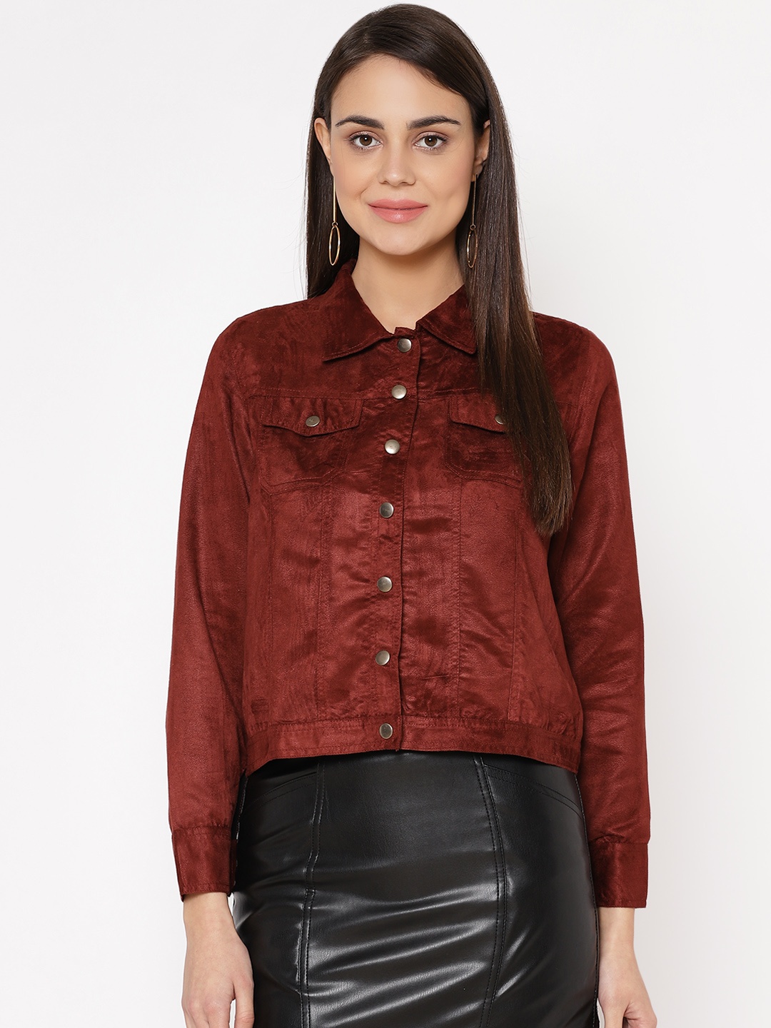 

Carlton London Women Maroon Solid Tailored Jacket With Suede Finish