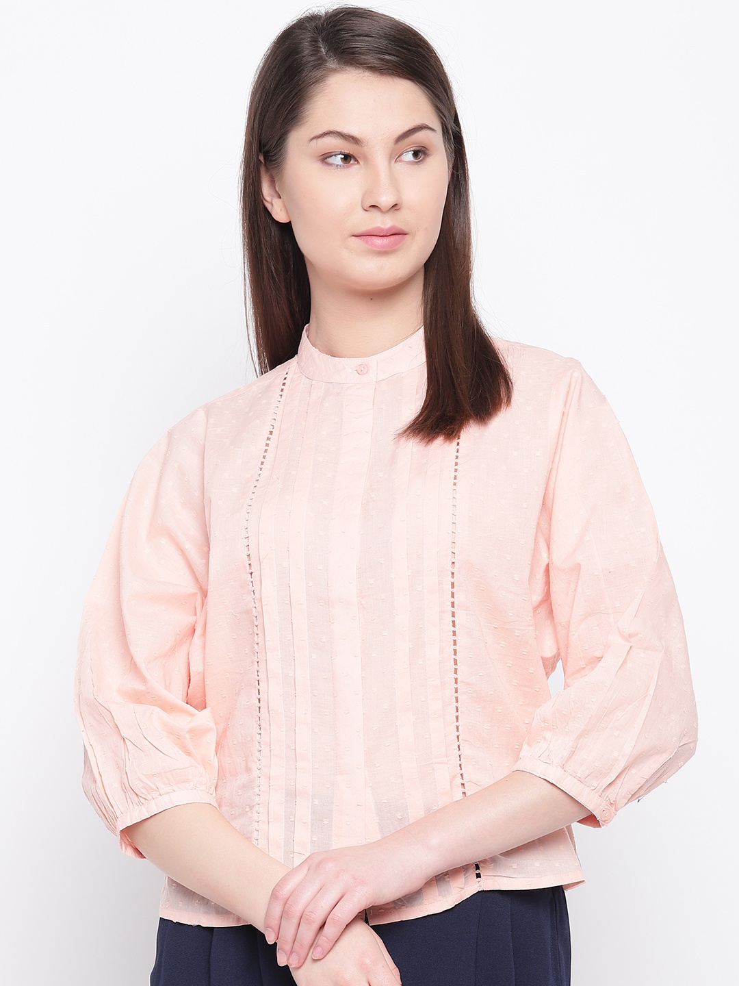 

Marie Claire Women Peach-Coloured Self Design Shirt Style Top