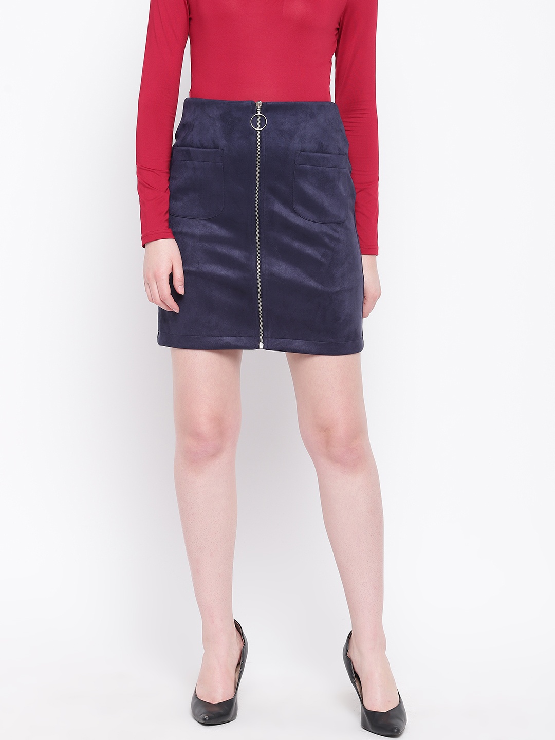 

Marie Claire Women Navy Blue Solid A-Line Skirt With Suede Finish