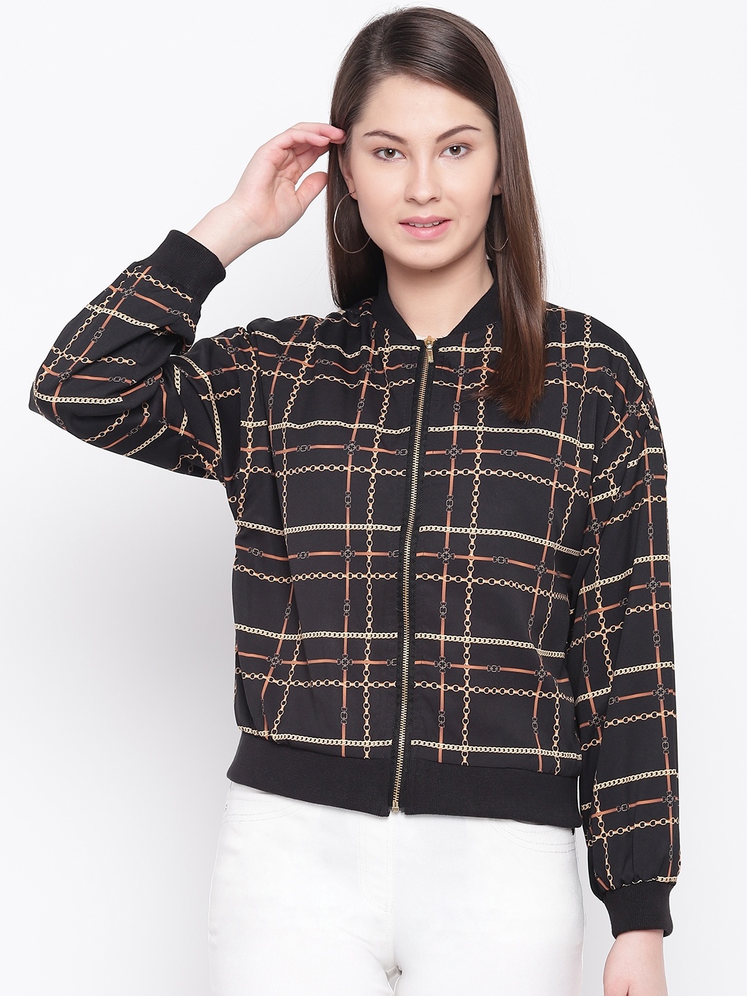 

Marie Claire Women Black & Mustard Yellow Checked Bomber Jacket