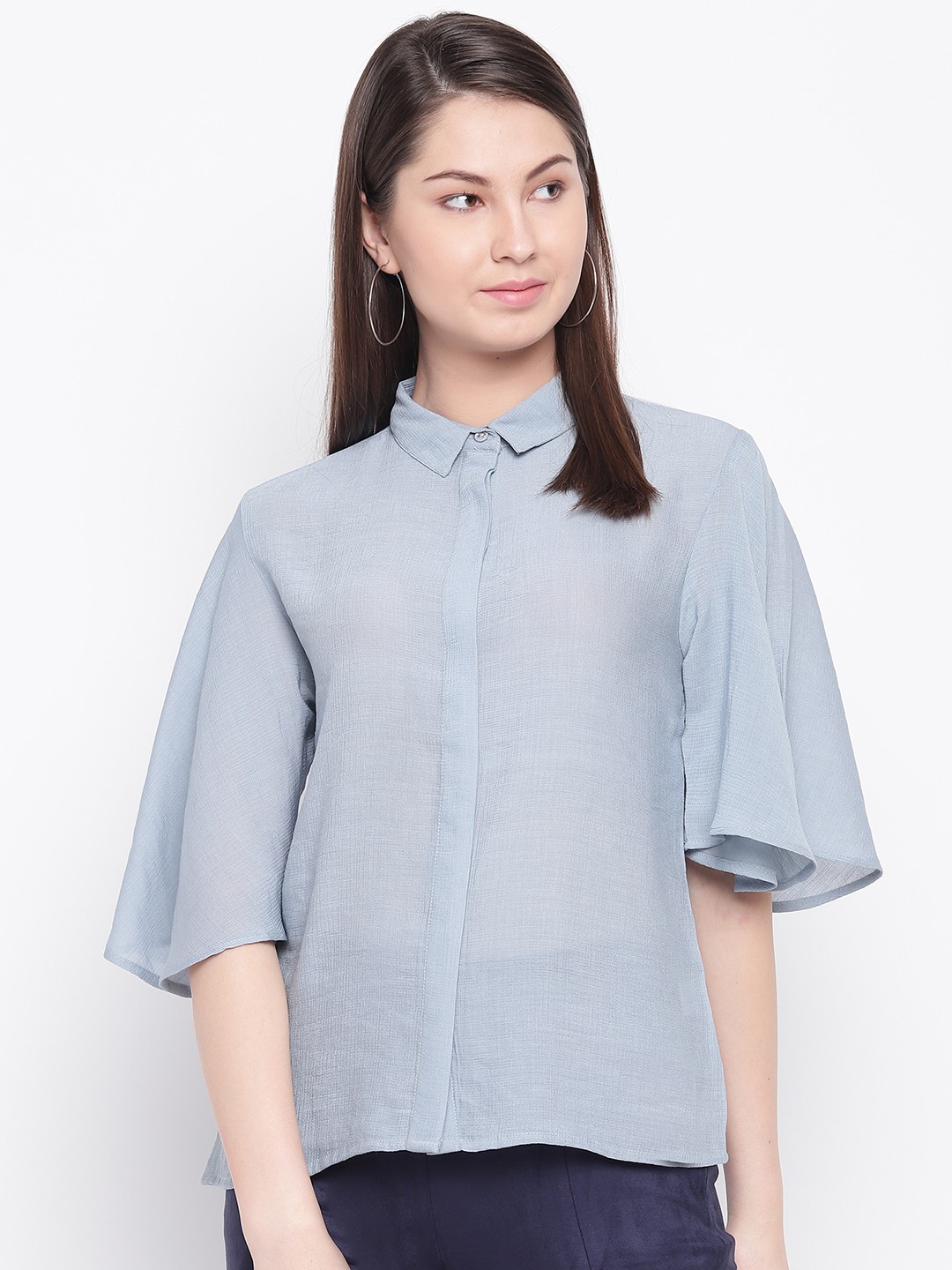

Marie Claire Women Blue Semi-Sheer Regular Fit Solid Casual Shirt
