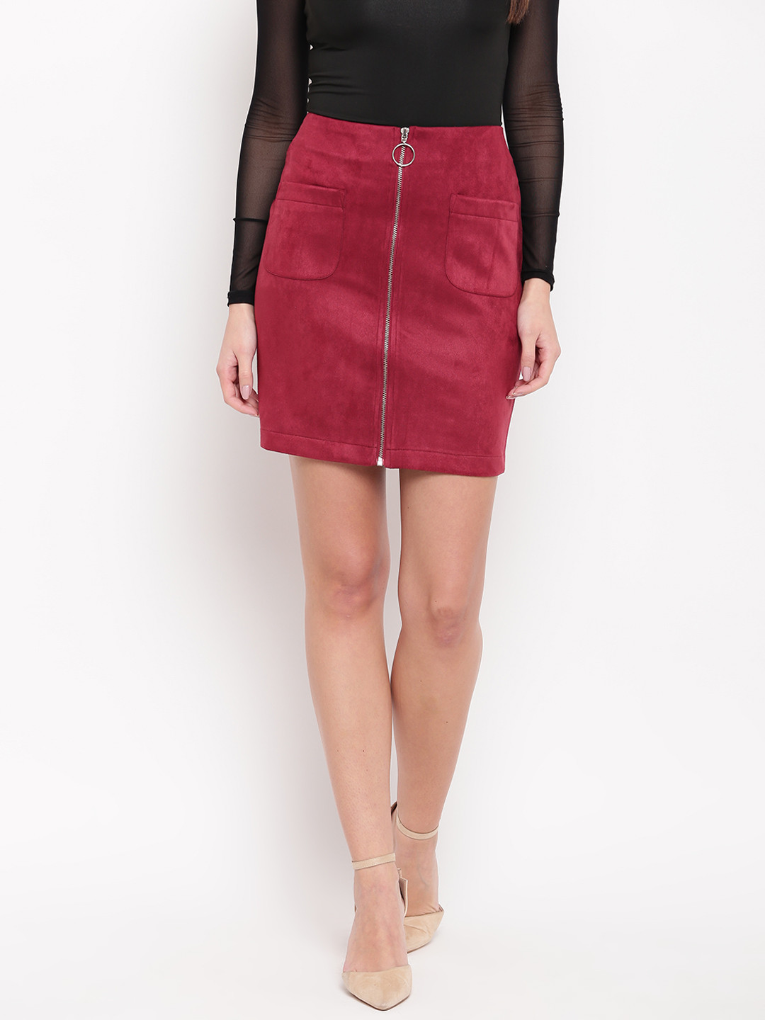 

Marie Claire Maroon Straight Skirt with Suede Finish