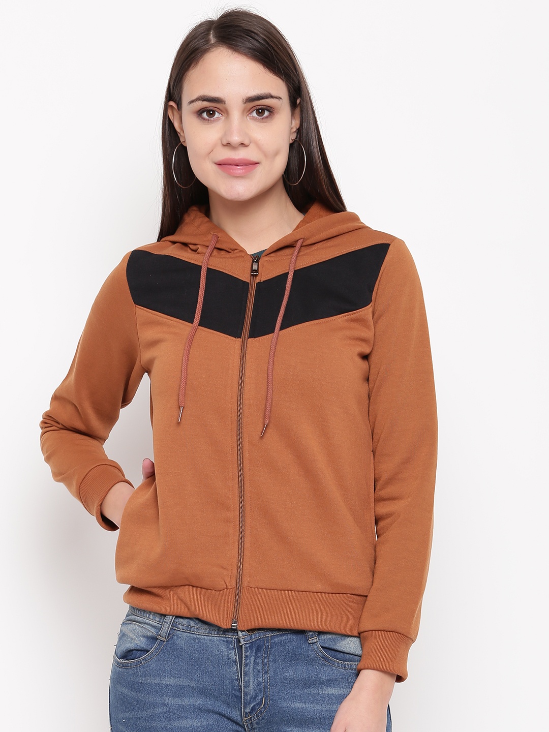 

RARE Women Mustard Brown & Black Colourblocked Hooded Sweatshirt