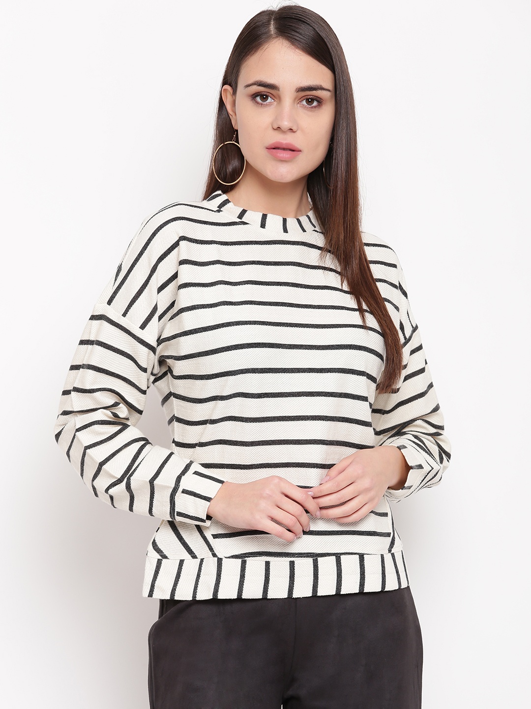

RARE Women Off-White & Black Striped Sweatshirt