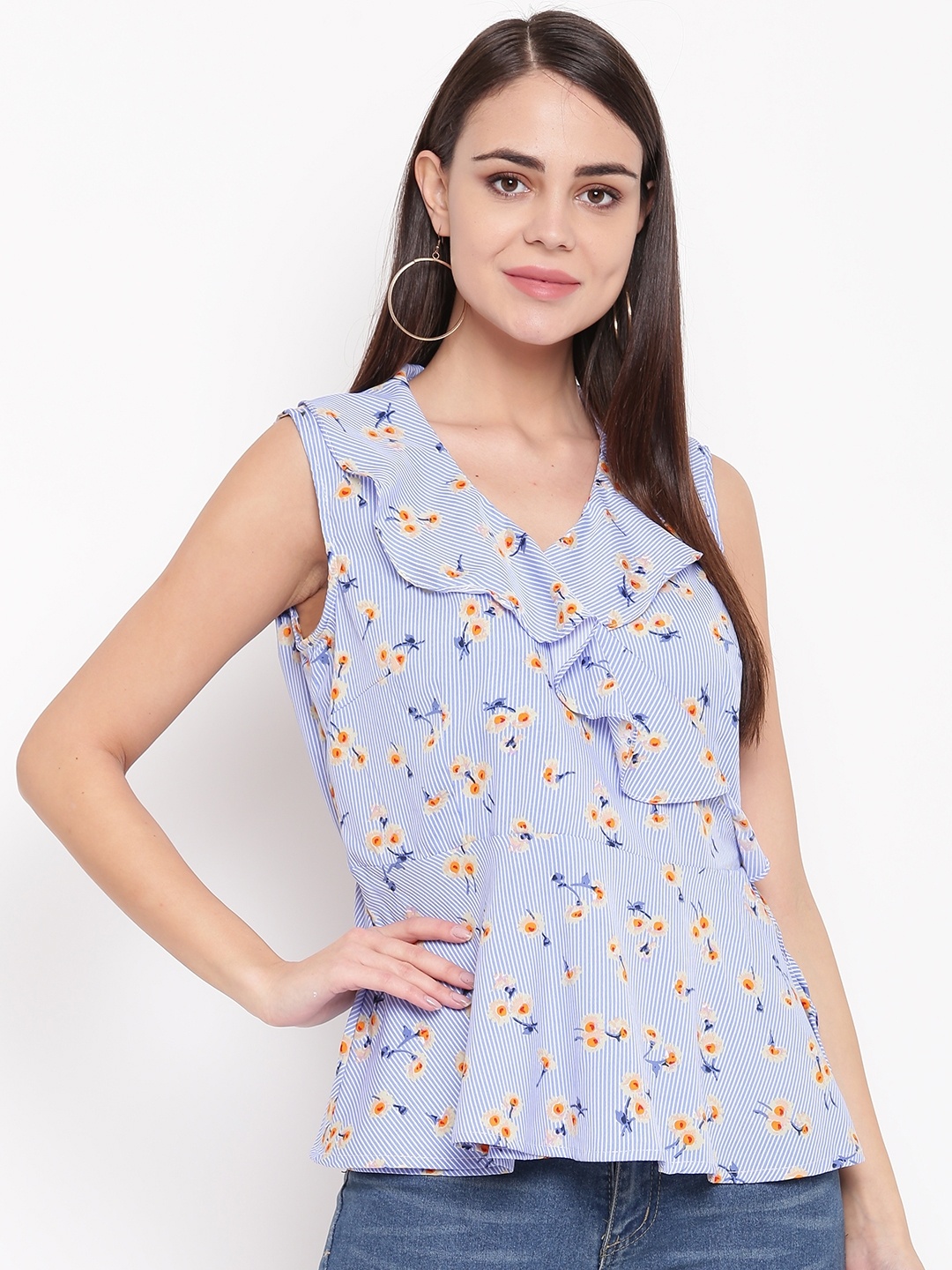 

RARE Women Blue & White Floral Printed Wrap Top