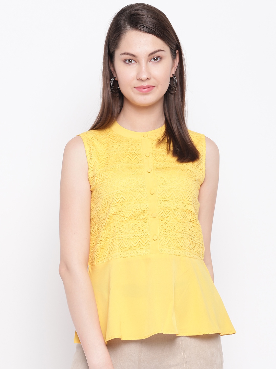 

RARE Women Mustard Yellow Self Design Peplum Top