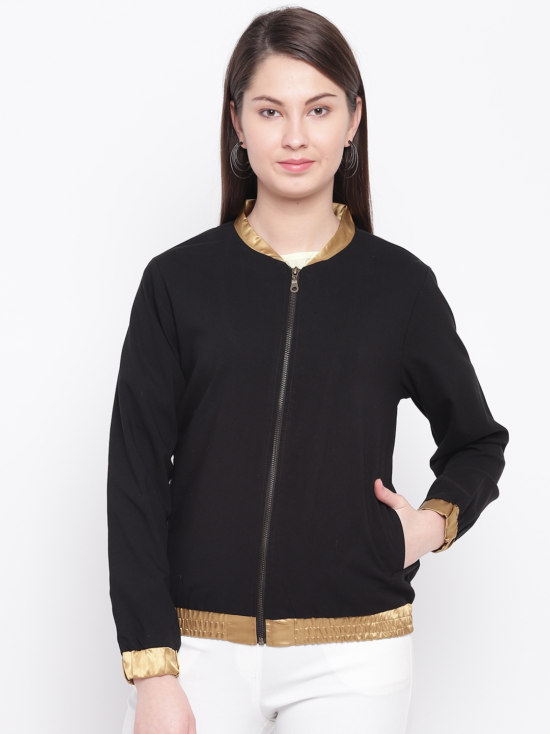 

RARE Women Black Solid Bomber Jacket