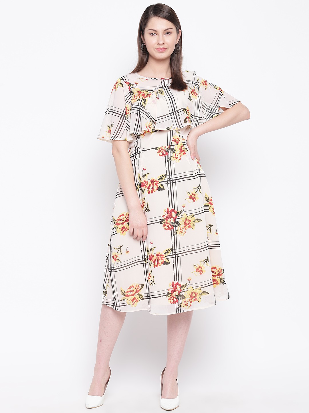 

RARE Women Beige & Black Floral Print A-Line Dress