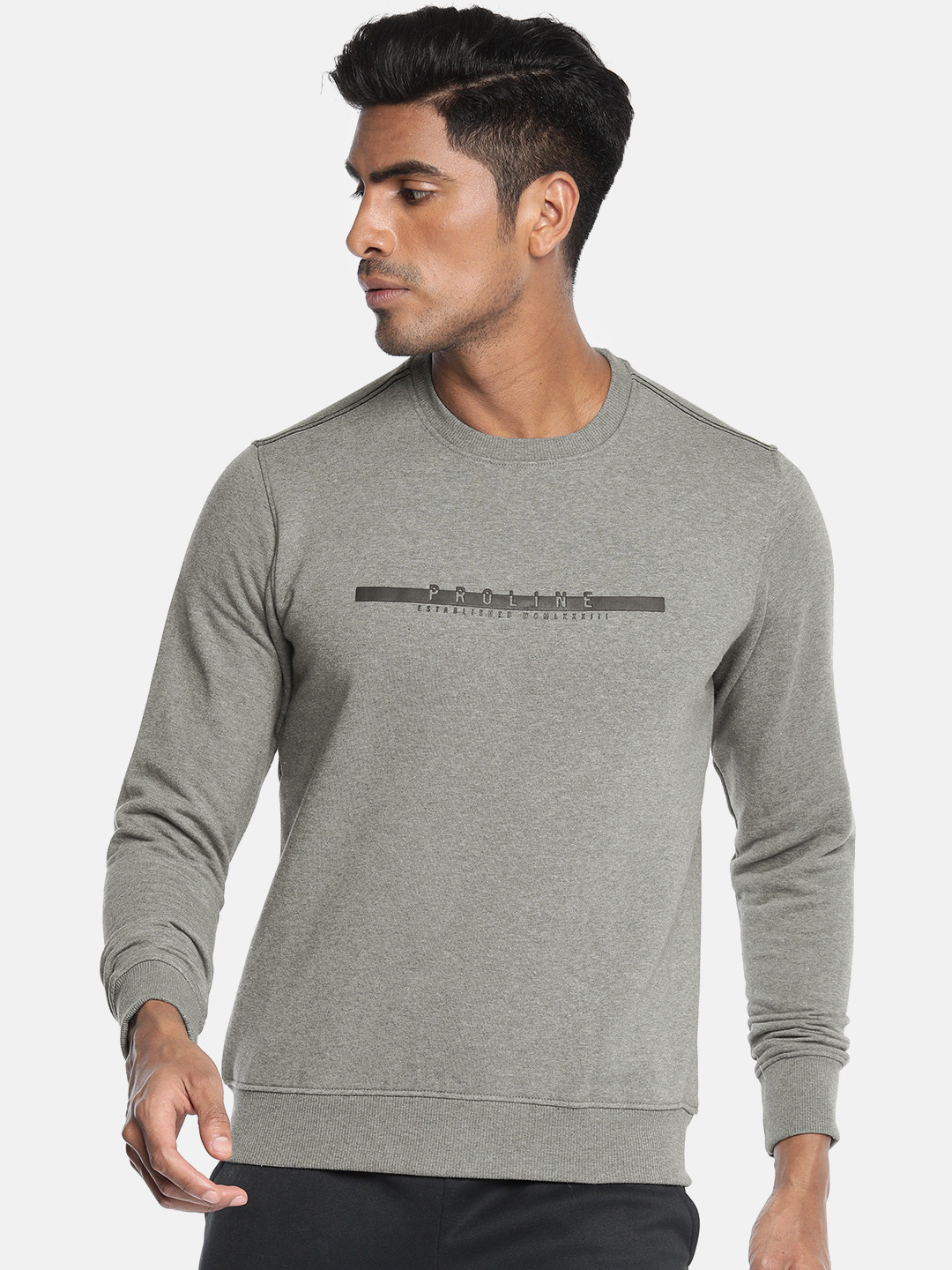 

Proline Active Men Grey Melange Solid Sweatshirt With Printed Detail