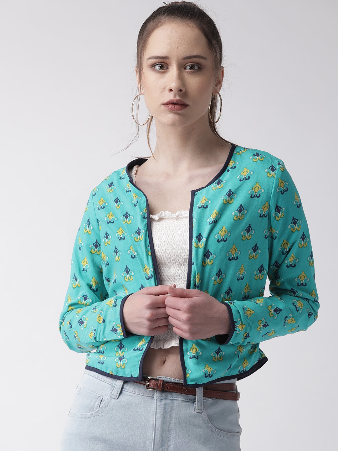 

QUIERO Women Green & Navy Blue Printed Lightweight Tailored Jacket