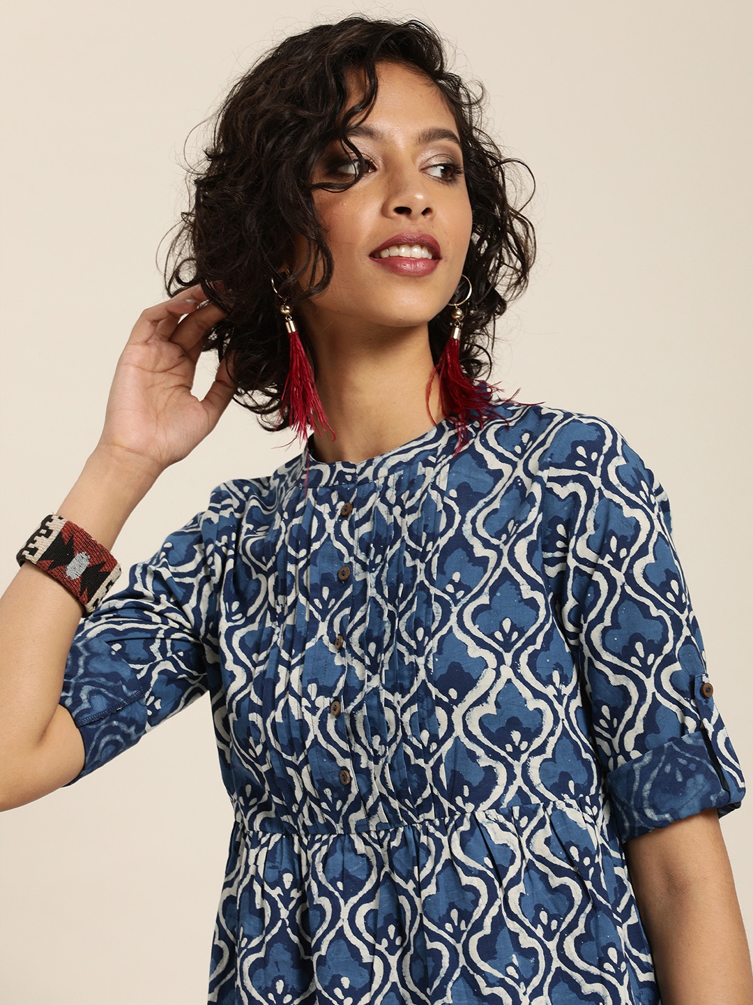 

Taavi Blue & Off-White Indigo Hand Block Print A-Line Cotton Top with Pleats