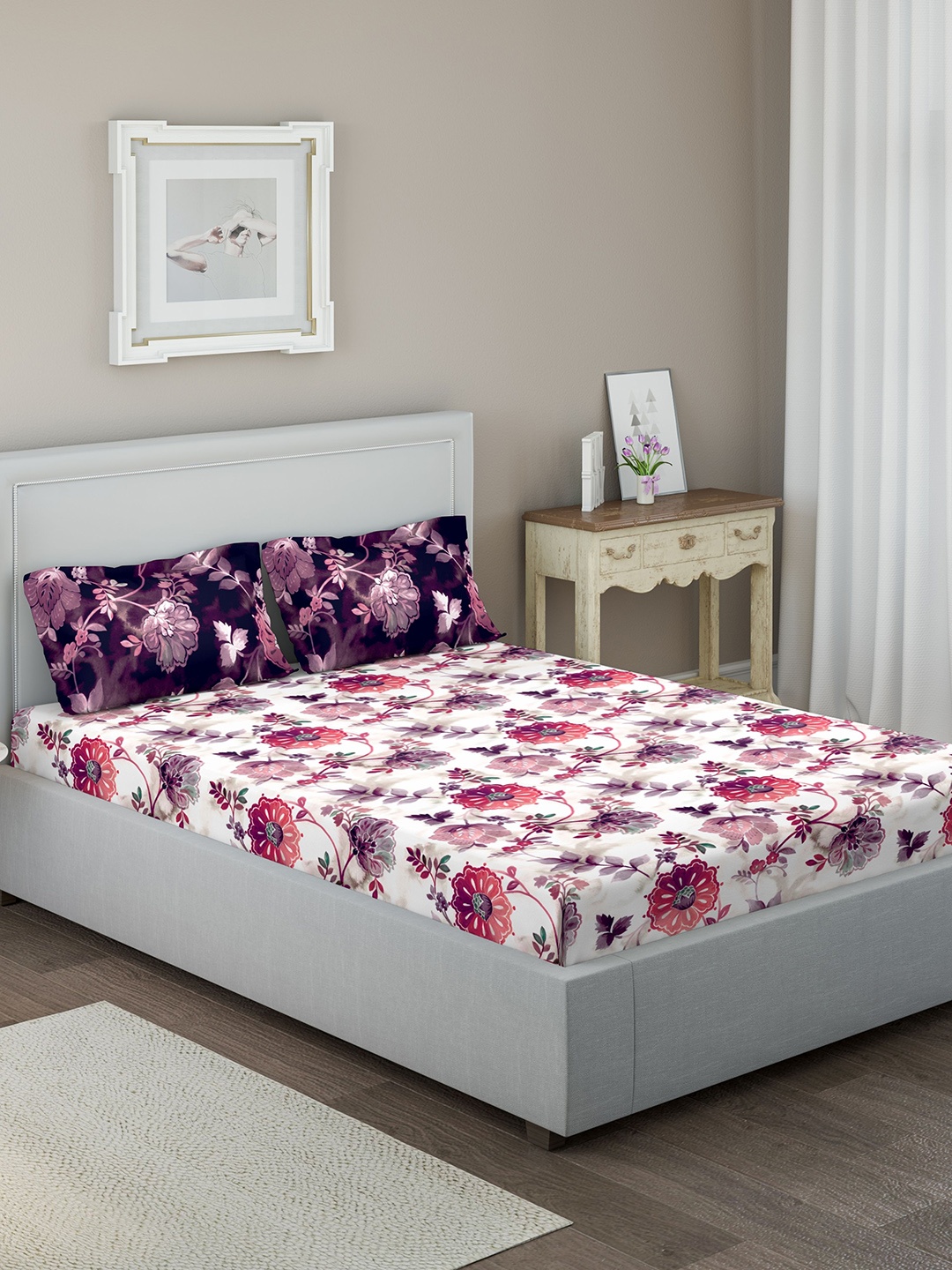 

DDecor Red & White Floral 144 TC Cotton 1 Queen Bedsheet with 2 Pillow Covers