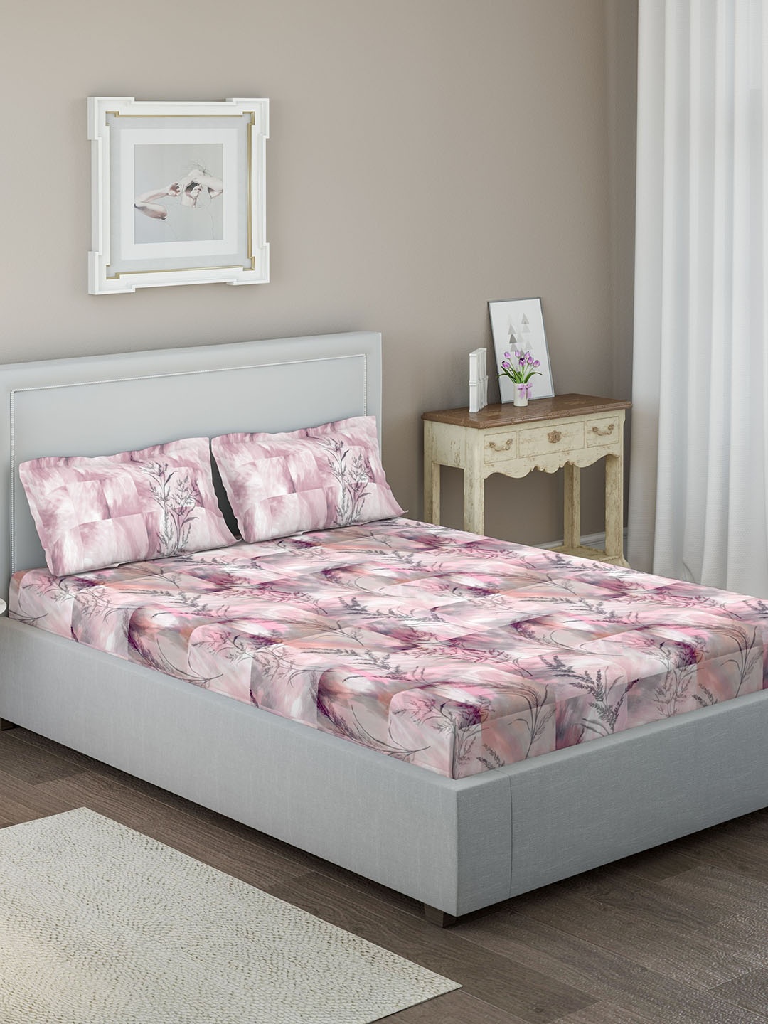 

DDecor Pink & Purple Floral 144 TC Cotton 1 Queen Bedsheet with 2 Pillow Covers