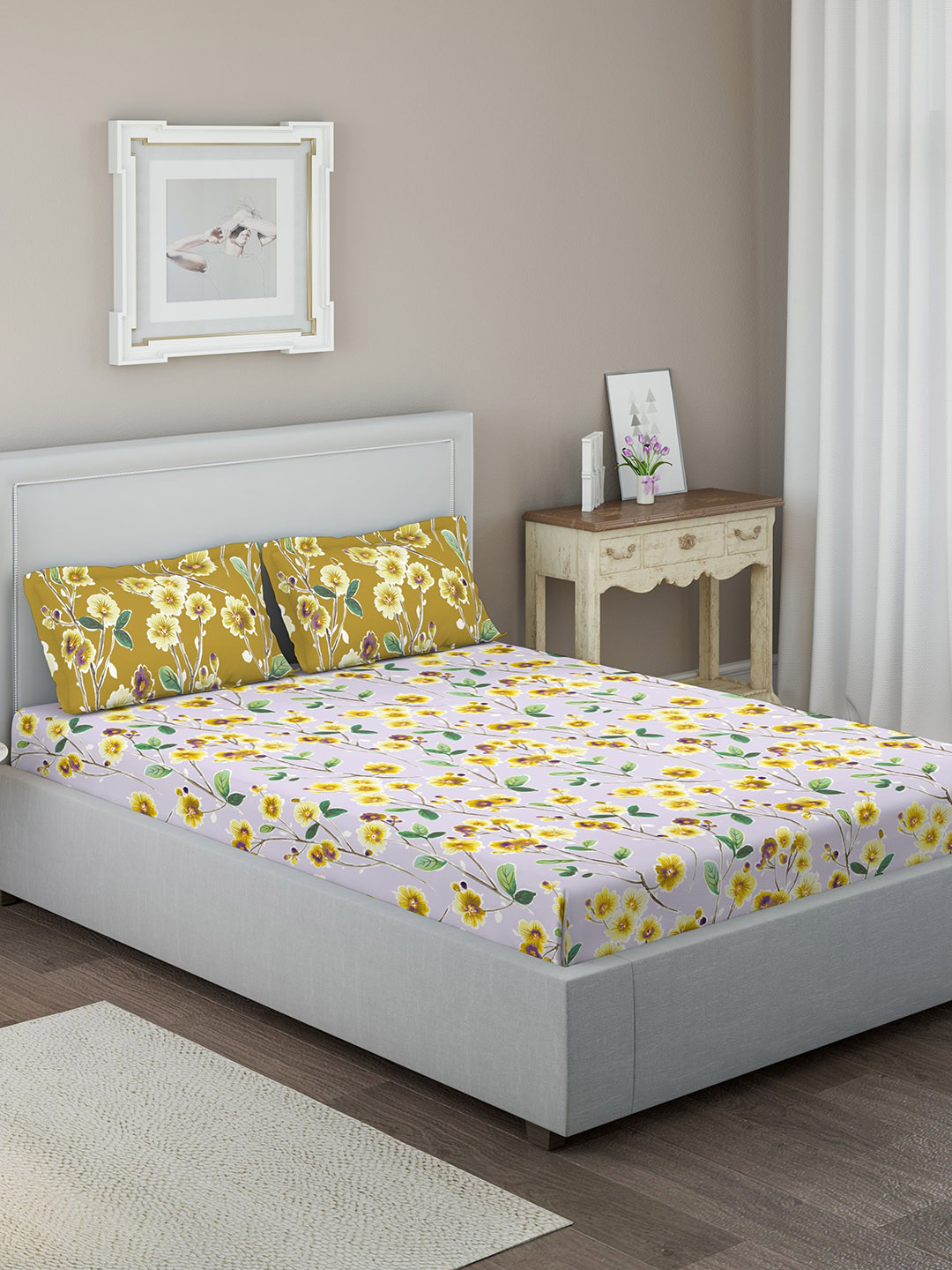 

DDecor Grey & Yellow Floral 144 TC Cotton 1 Queen Bedsheet with 2 Pillow Covers