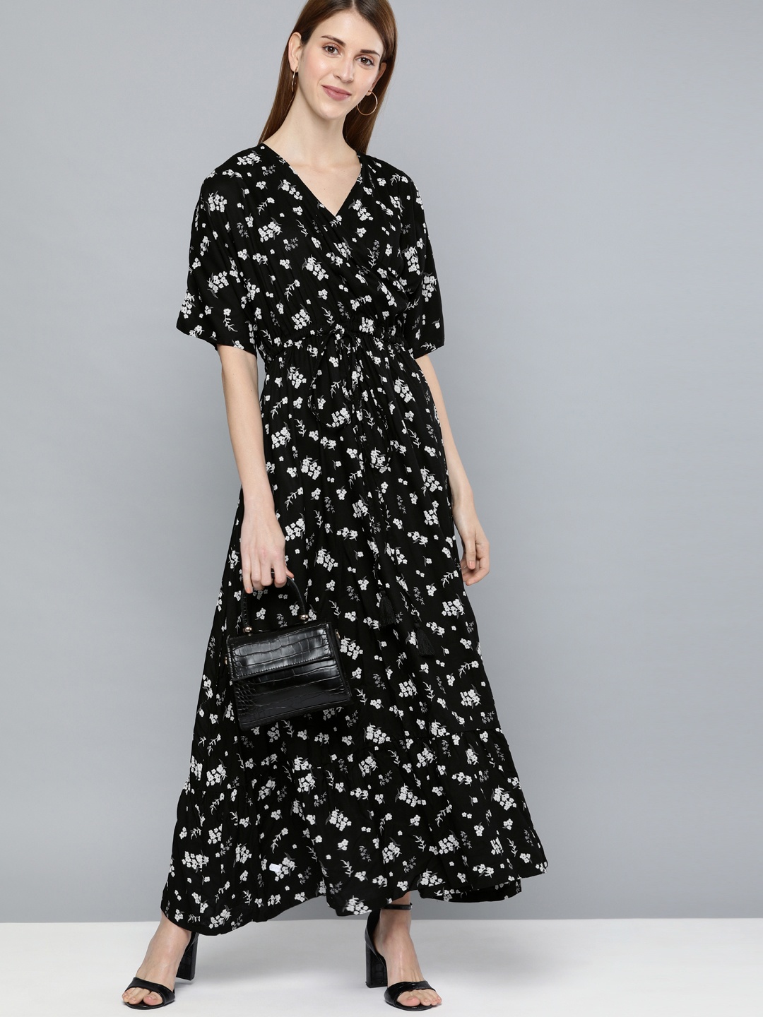 

HERE&NOW Women Black & Grey Printed Maxi Dress with Tie-Up Detailing