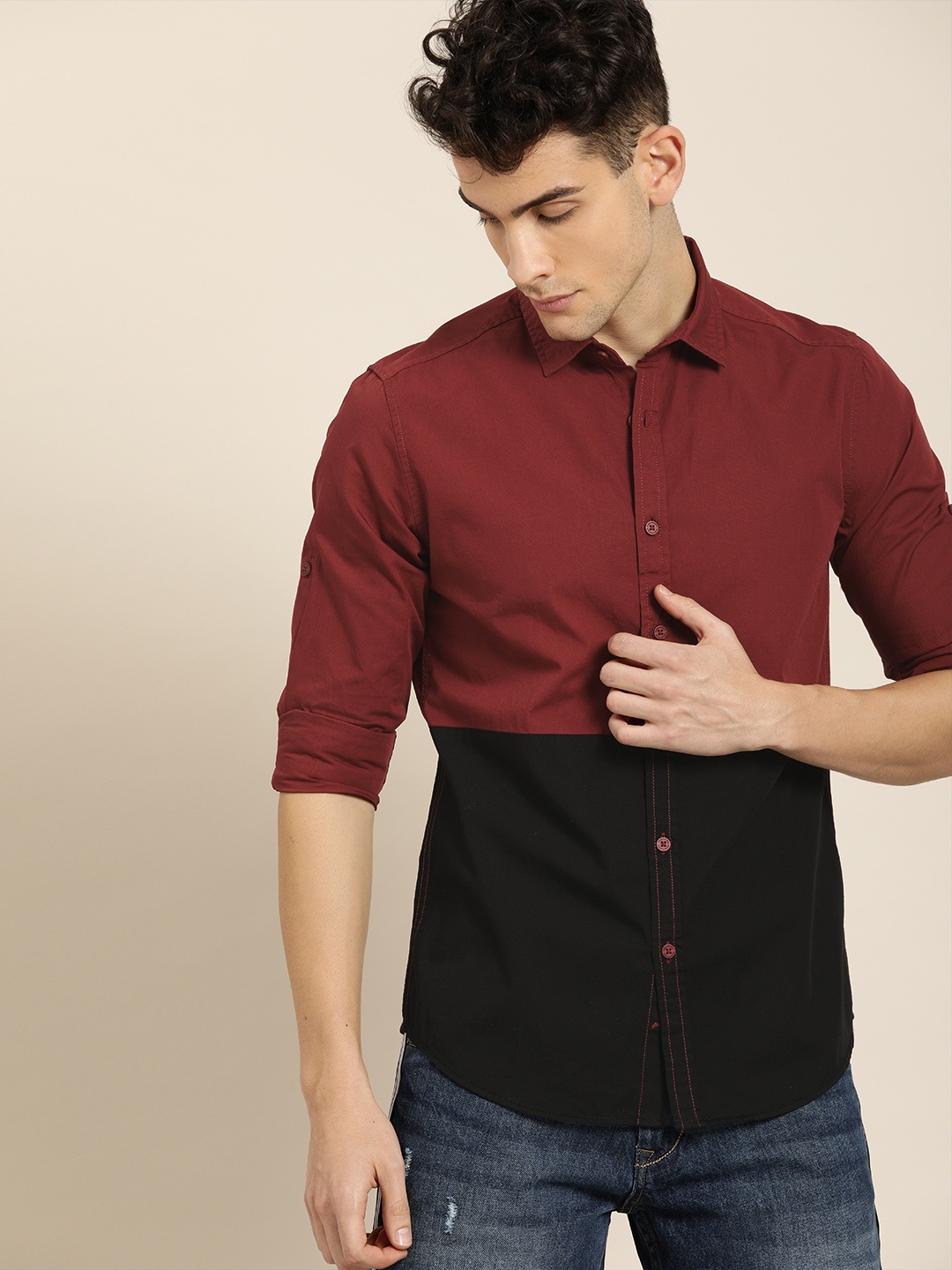 

Moda Rapido Men Maroon & Black Slim Fit Colourblocked Casual Shirt