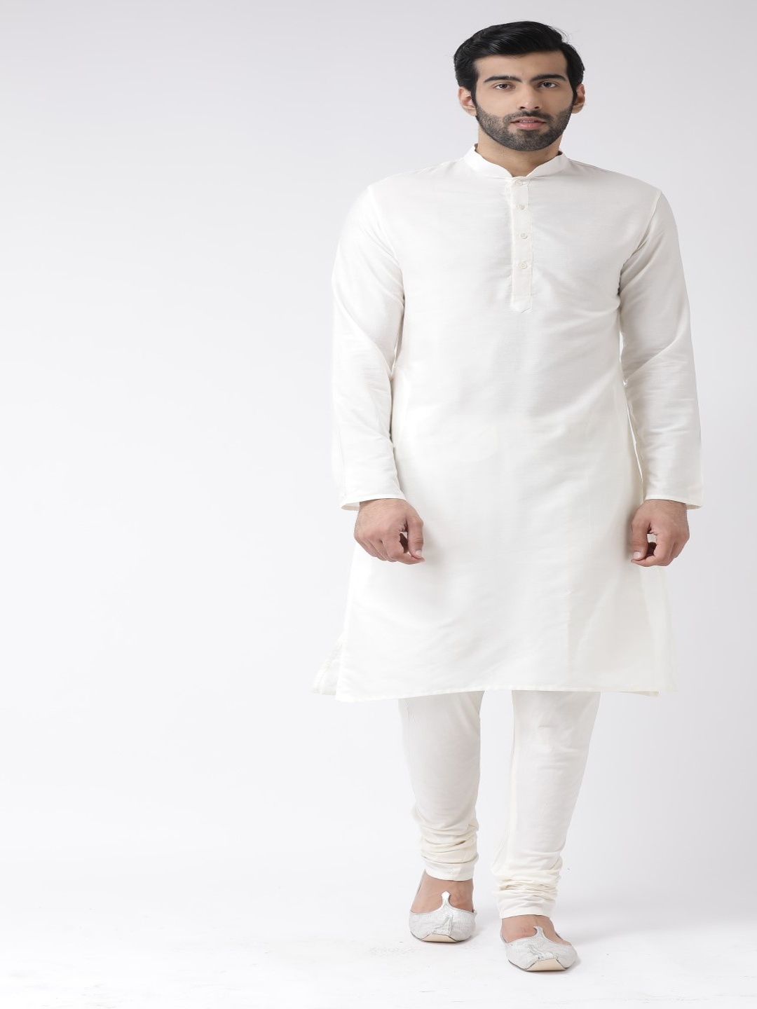 

KISAH Men White & Gold-Coloured Solid Handloom Kurta with Churidar & Nehru Jacket