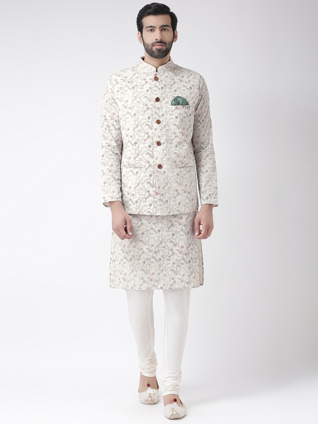 

KISAH Men Kantha Printed Regular Fit Kurta Jacket Churidar Set, Cream