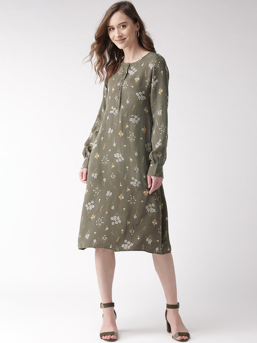 

Marks & Spencer Women Olive Green & Off-White Floral Printed A-Line Dress