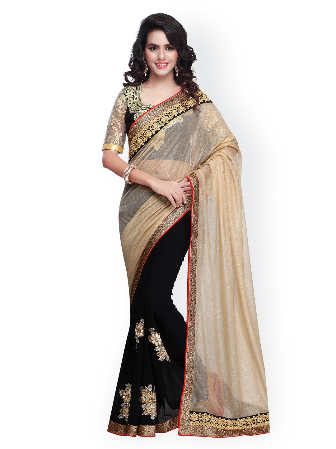 

Kalista Beige & Black Embroidered Georgette Embellished Saree