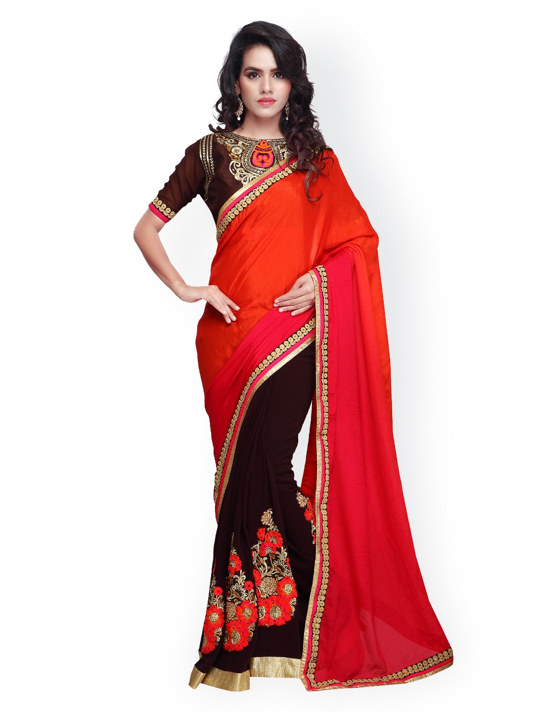 

Kalista Orange & Brown Embroidered Georgette Embellished Saree