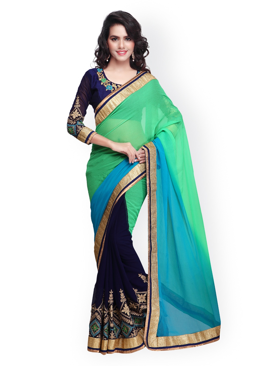 

Kalista Green & Navy Embroidered Georgette Embellished Saree