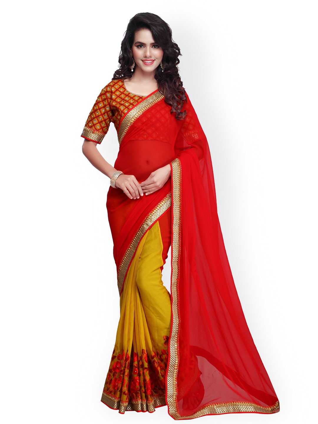 

Kalista Red & Mustard Yellow Embroidered Georgette Embellished Saree