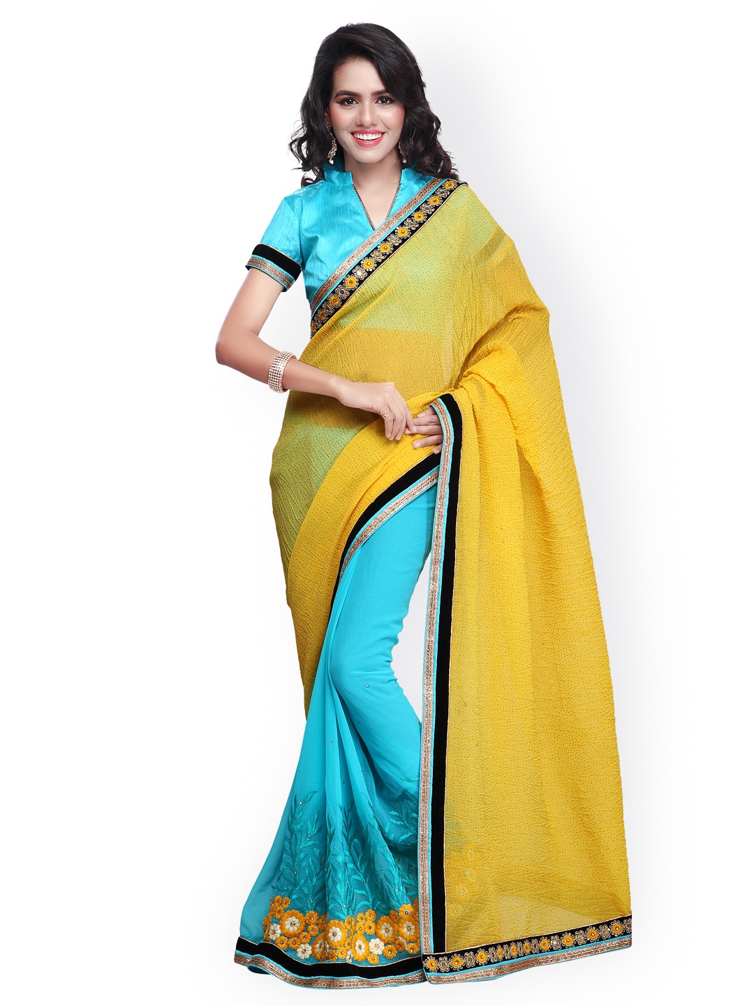 

Kalista Yellow & Turquoise Blue Embroidered Georgette Embellished Saree