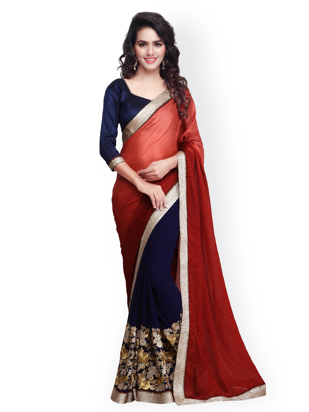 

Kalista Red & Navy Embroidered Georgette Embellished Saree