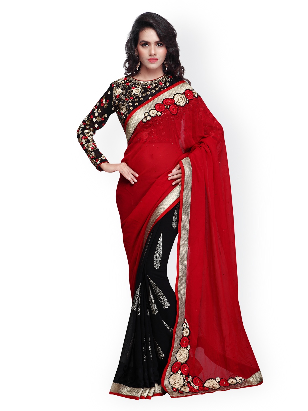 

Kalista Red & Black Embroidered Georgette Embellished Saree
