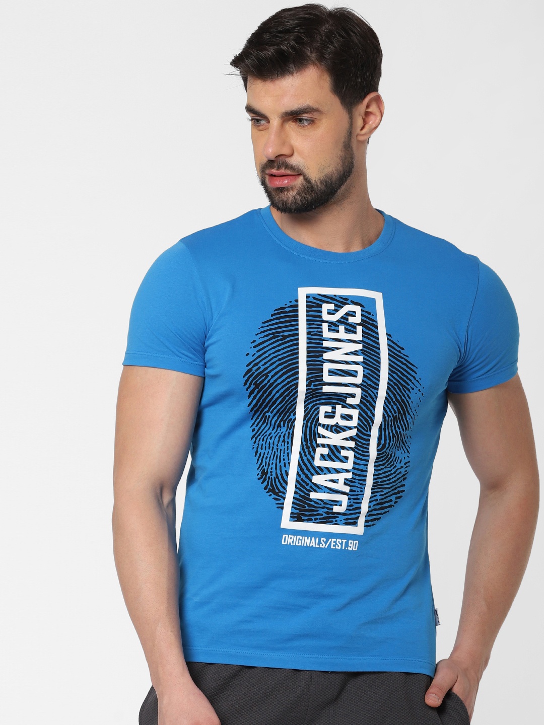 

Jack Jones Men Blue Printed Round Neck Pure Cotton T-shirt