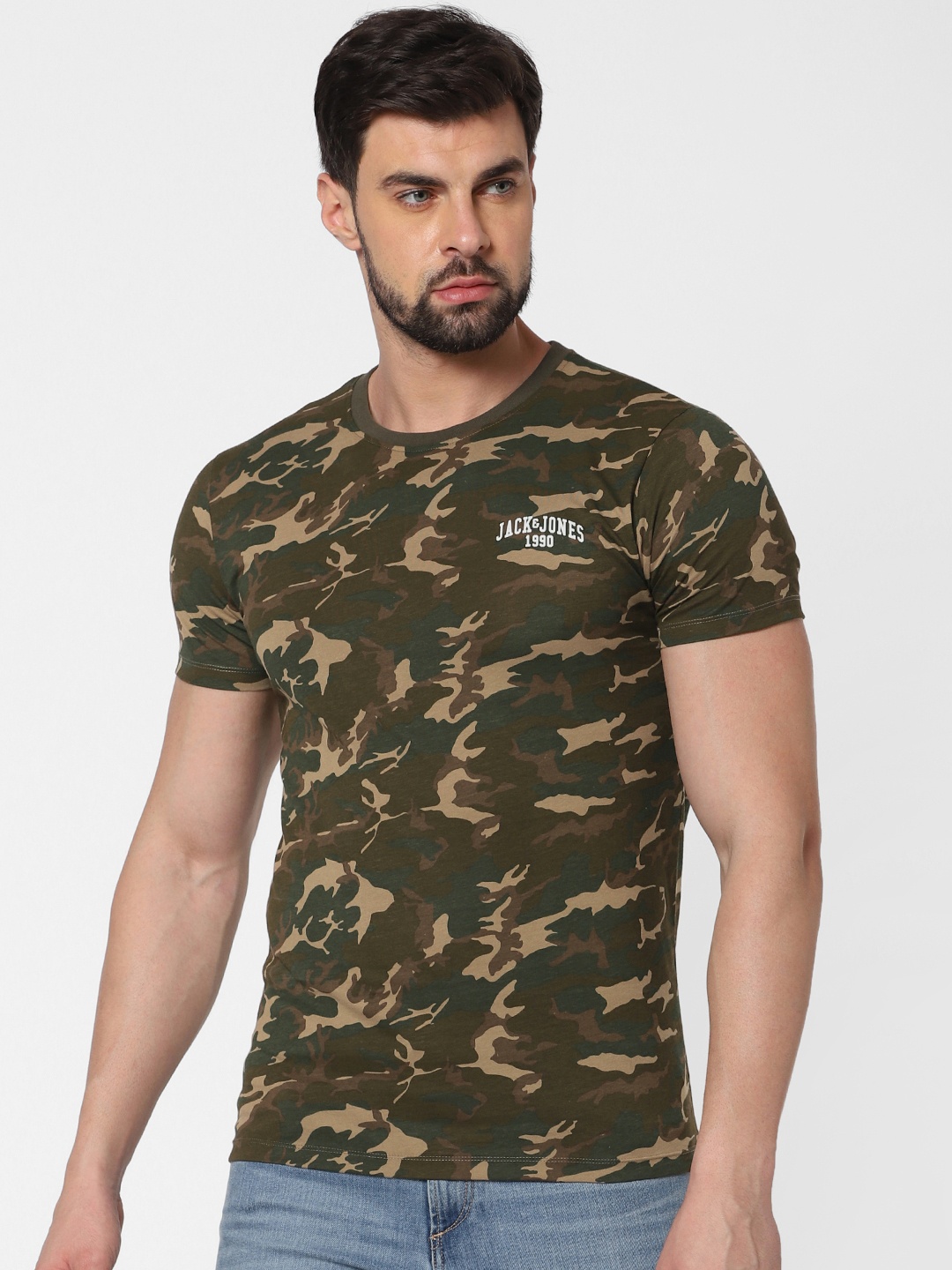 

Jack Jones Men Olive Green Beige Printed Round Neck Pure Cotton T-shirt