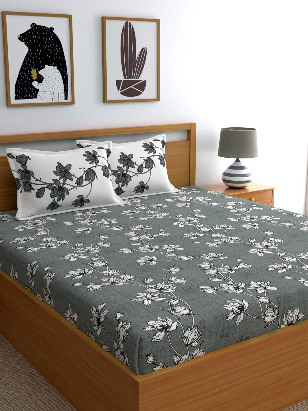 

Dreamscape Grey Floral 144 TC Cotton 1 Queen Bedsheet with 2 Pillow Covers