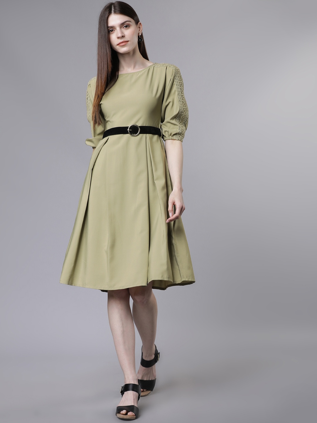 

Tokyo Talkies Women Olive Green Solid Fit and Flare Dress