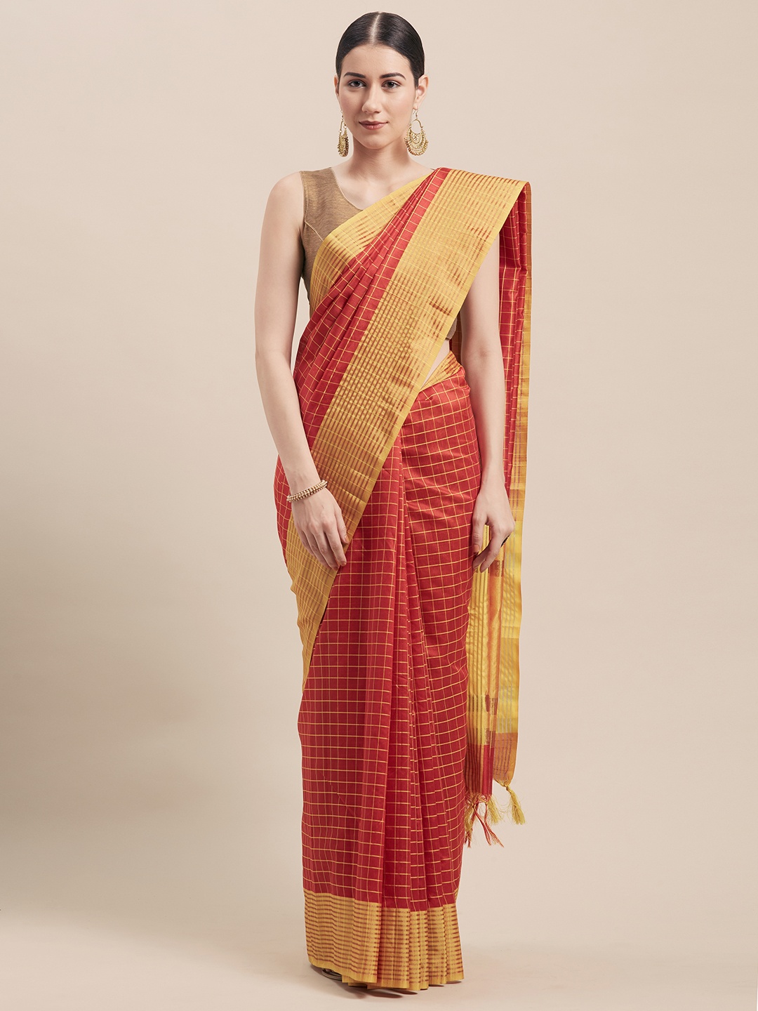 

Rajnandini Red & Yellow Cotton Checked Saree