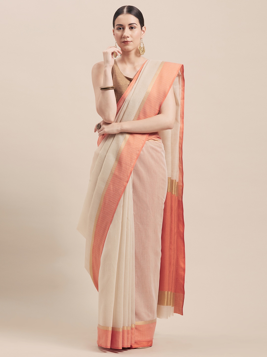 

Rajnandini Beige & Orange Cotton Blend Woven Design Saree