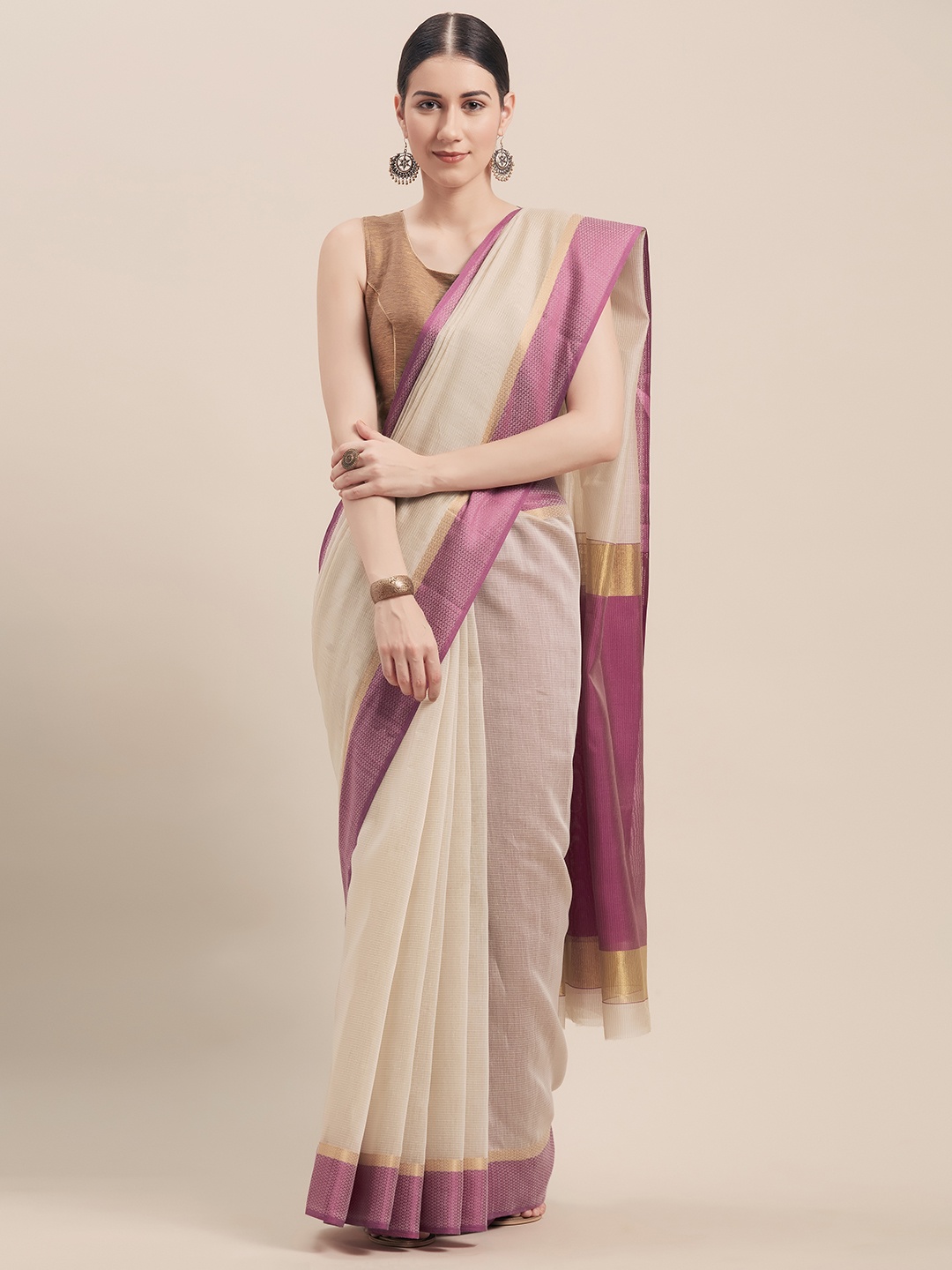 

Rajnandini Beige & Purple Cotton Blend Woven Design Saree