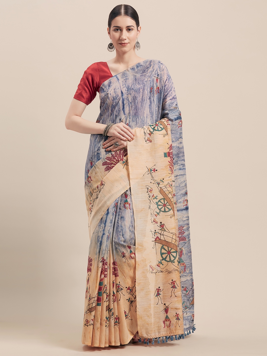 

Rajnandini Beige & Blue Cotton Blend Printed Saree